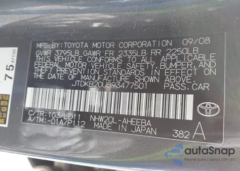 2009 Toyota Prius from USA, damaged, VIN JTDKB20U893477501